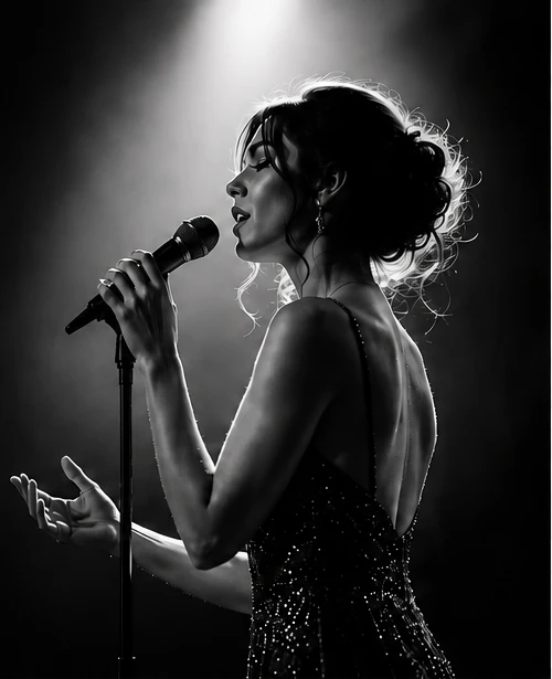 Singer performing beneath a spotlight